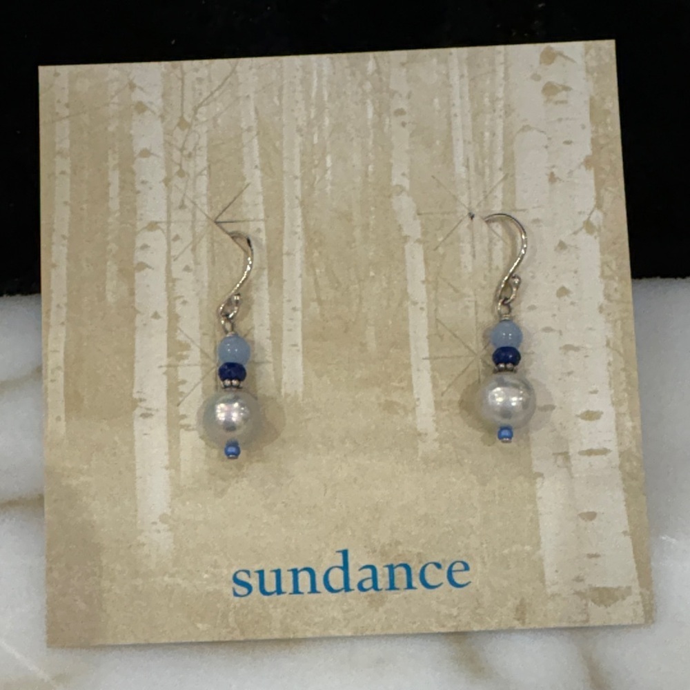 Sundance Catalog Pale gray Pearl, Lapis & Chalcedony Sterling 925 Earrings-New